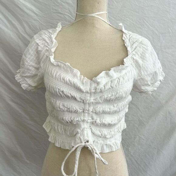 Japna White Cinched Smocked Crop Top Large - Picture 1 of 6